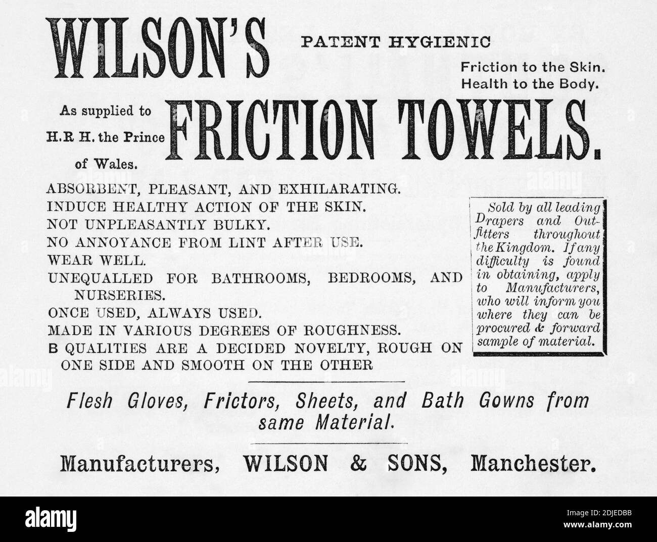 1886, 19. Jahrhundert Werbung für Handtücher, mit einem scheinbaren Schwerpunkt auf Hygiene. Stockfoto