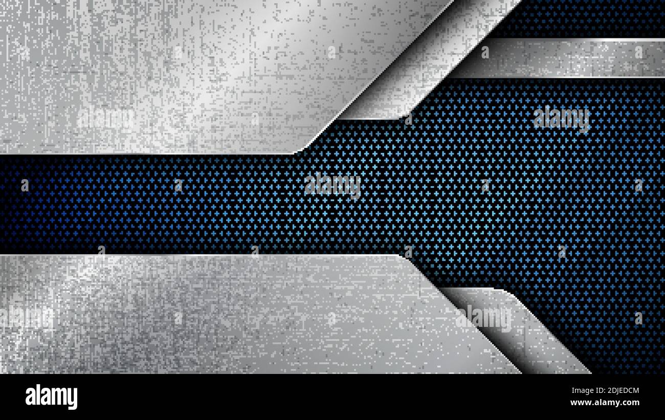 Vector Illustration der abstrakten Edelstahl Blech mit grunge Overlay metallische Textur und hexagonalen Raster über Blau hellen Hintergrund Stock Vektor