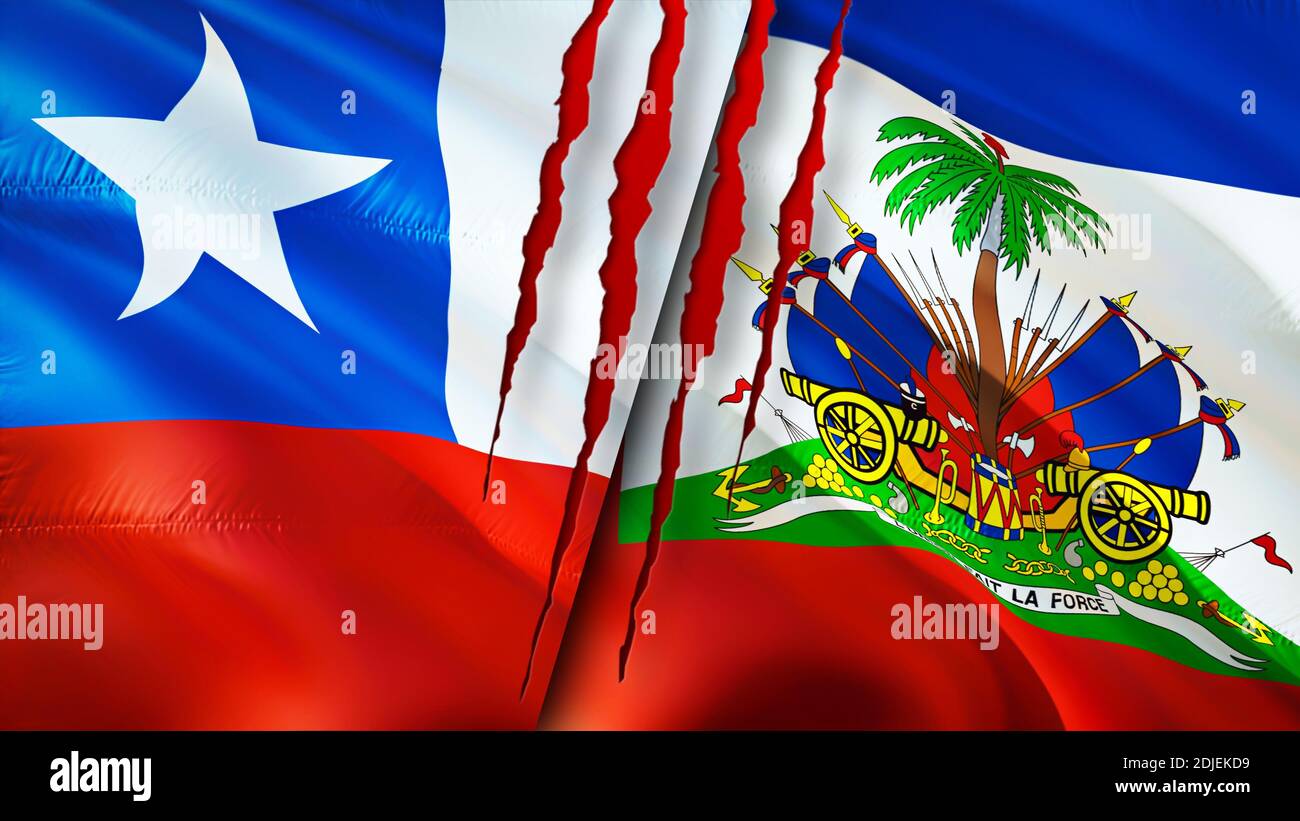 Chile und Haiti Flaggen mit Narbenkonzept. Winkende Flagge, 3D-Rendering. Konfliktkonzept Chile und Haiti. Chile Haiti Beziehungen Konzept. Flagge von Chile und Stockfoto
