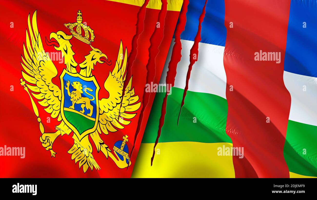 Montenegro und Zentralafrikanische Republik Flaggen mit Narbenkonzept. Winkende Flagge, 3D-Rendering. Konfliktkonzept Montenegro und Zentralafrikanische Republik. M Stockfoto