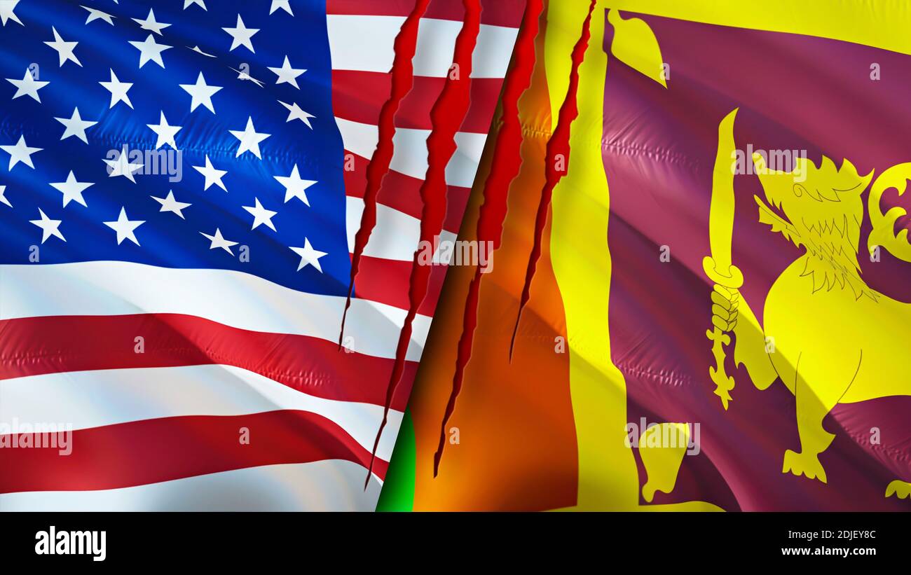 USA und Sri Lanka Flaggen mit Narbenkonzept. Winkende Flagge, 3D-Rendering. USA und Sri Lanka Konfliktkonzept. USA Sri Lanka Beziehungskonzept. Flagge der USA Stockfoto