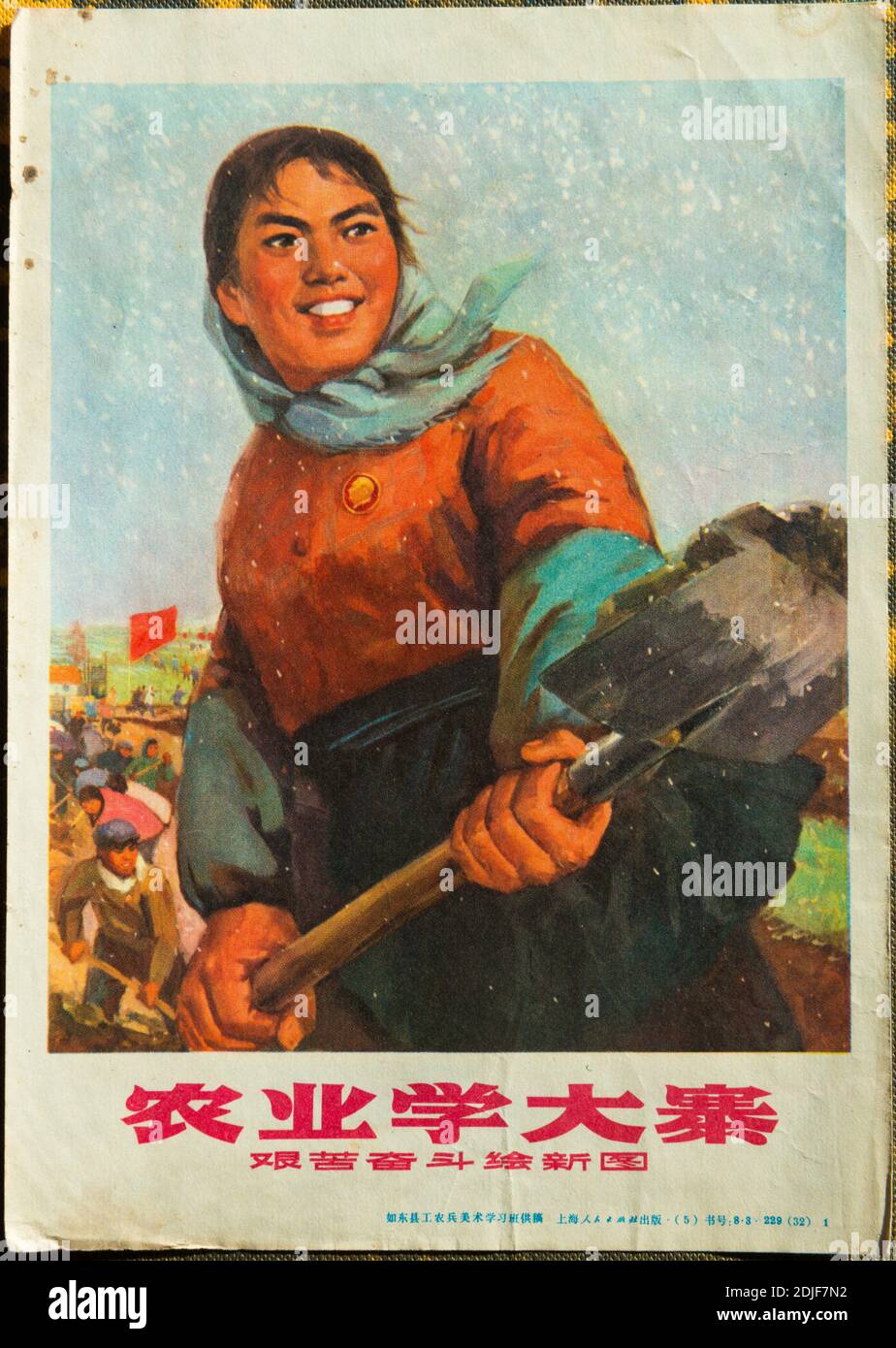 Ein echtes Propagandaplakat während der Kulturrevolution in China. Die chinesischen Schriftzeichen lesen: Lernen Sie von Dazhai in der Landwirtschaft. Stockfoto