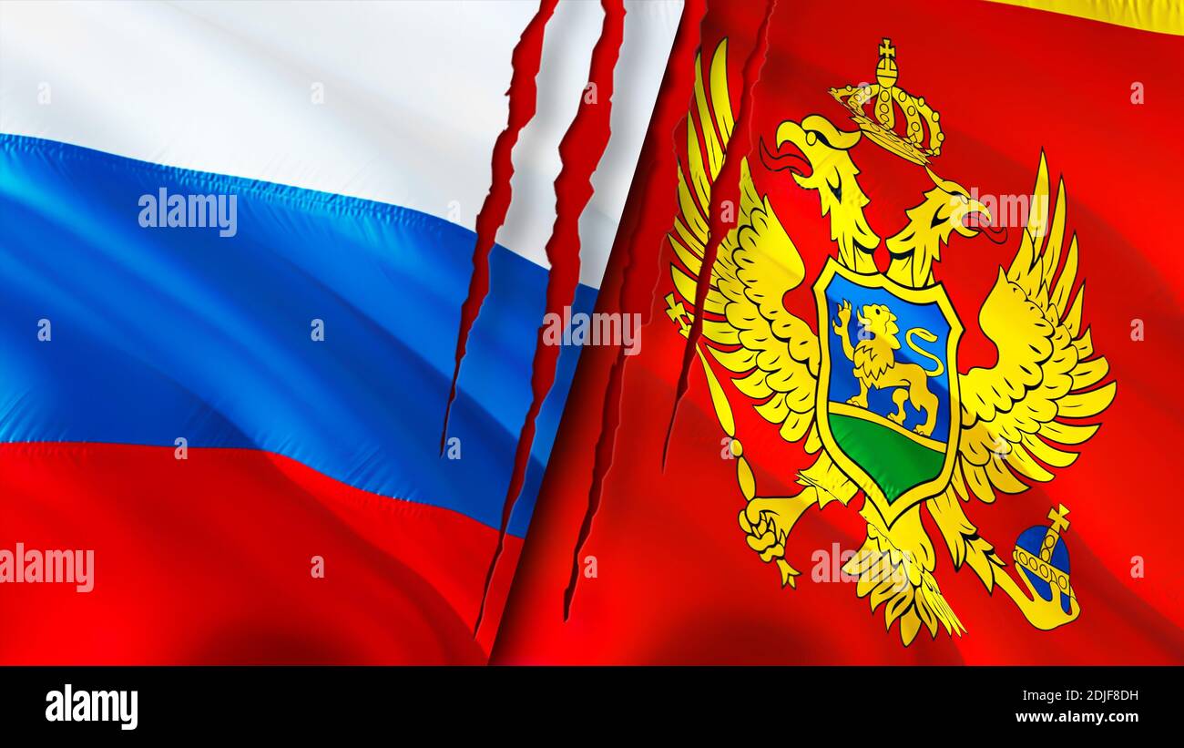 Russland und Montenegro Flaggen mit Narbenkonzept. Winkende Flagge, 3D-Rendering. Russland und Montenegro Konfliktkonzept. Russland Montenegro Beziehungen Konzept. Stockfoto