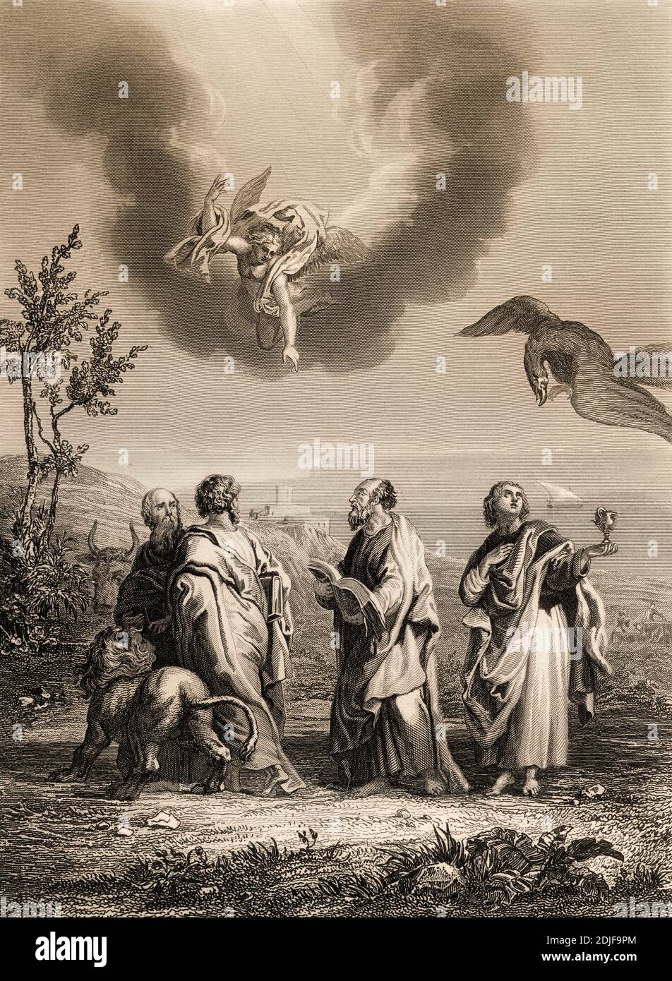 Evangelistische Porträts mit ihren Symbolen, 1853, Stahlstich digital restauriert Stockfoto