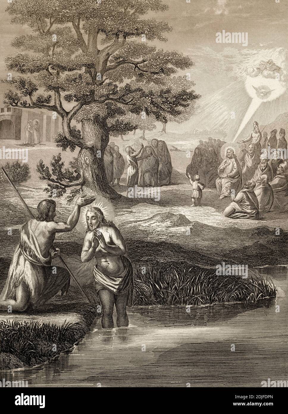 Taufe Jesu von Johannes dem Täufer am Jordan, Stahlstich 1853, digital restauriert Stockfoto
