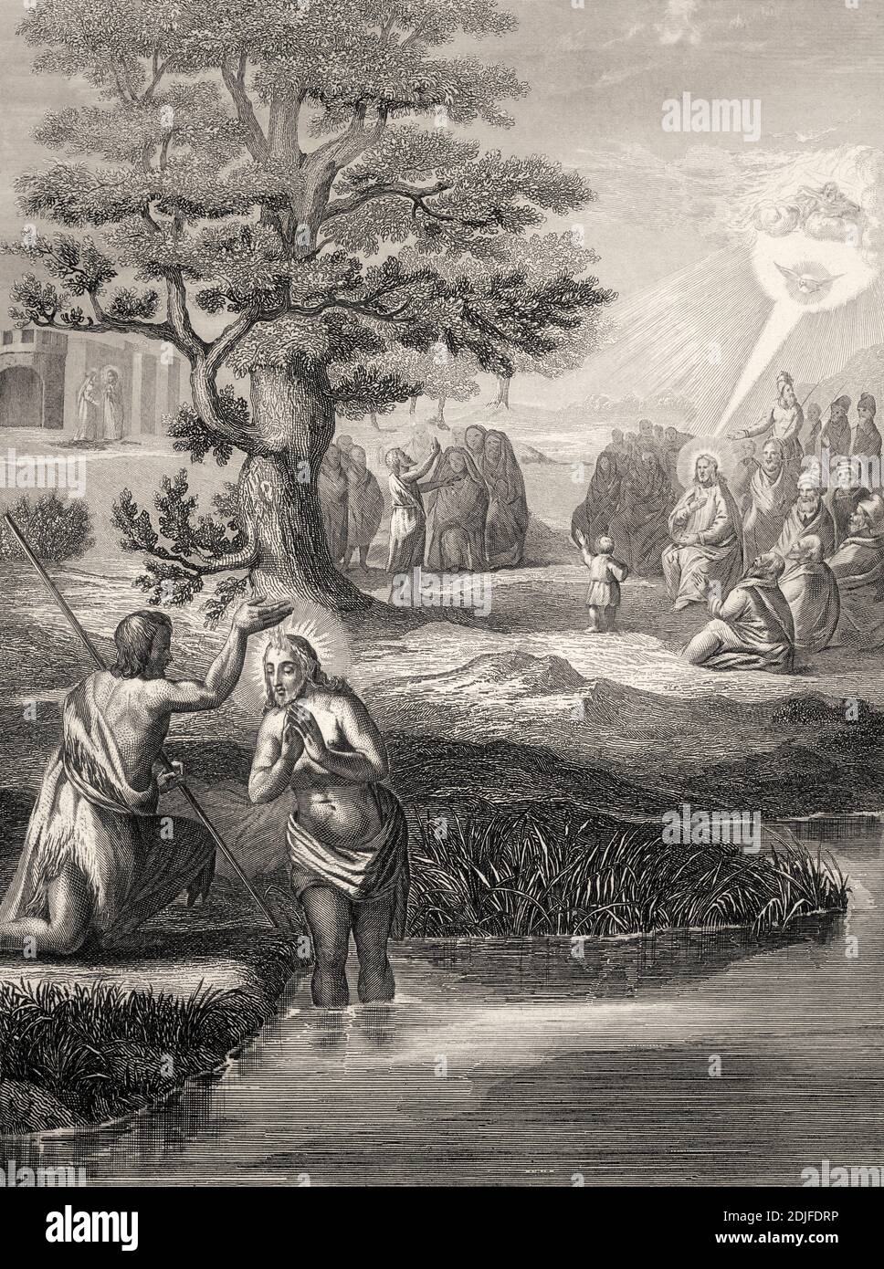 Taufe Jesu von Johannes dem Täufer am Jordan, Stahlstich 1853, digital restauriert Stockfoto