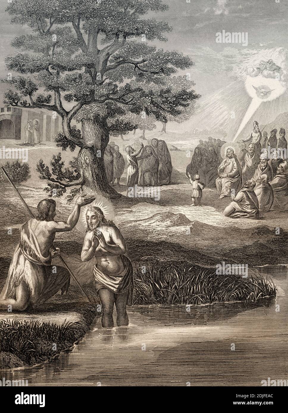 Taufe Jesu von Johannes dem Täufer am Jordan, Stahlstich 1853, digital restauriert Stockfoto