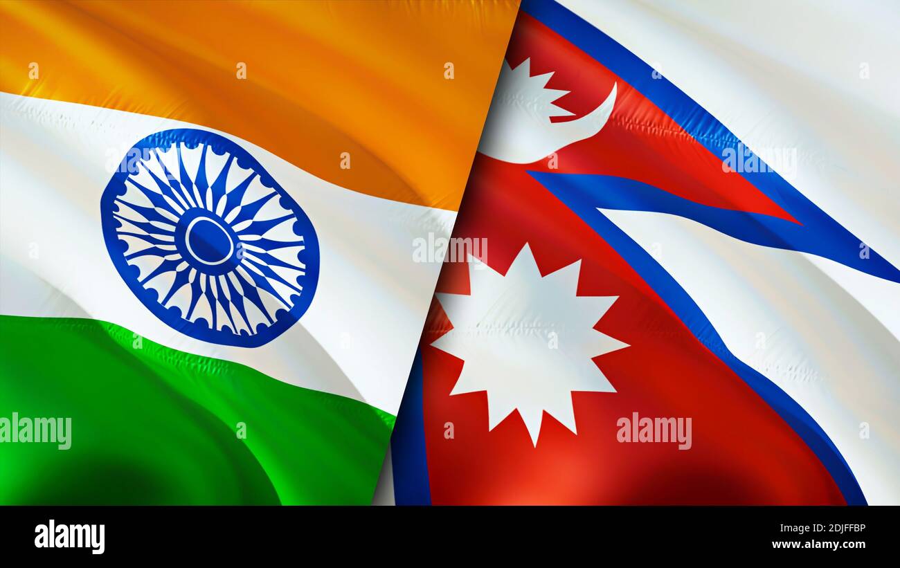 Indien und Nepal Flaggen. 3D-Design mit wehenden Fahnen. Indien Nepal Flagge, Bild, Tapete. Indien vs Nepal Bild, 3D Rendering. Indien Nepal Relations Alliance Stockfoto