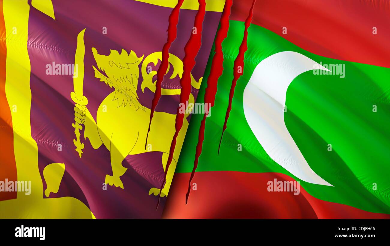 Sri Lanka und Malediven Flaggen mit Narbenkonzept. Winkende Flagge, 3D-Rendering. Konflikt zwischen Sri Lanka und den Malediven. Sri Lanka Malediven Beziehungen concep Stockfoto