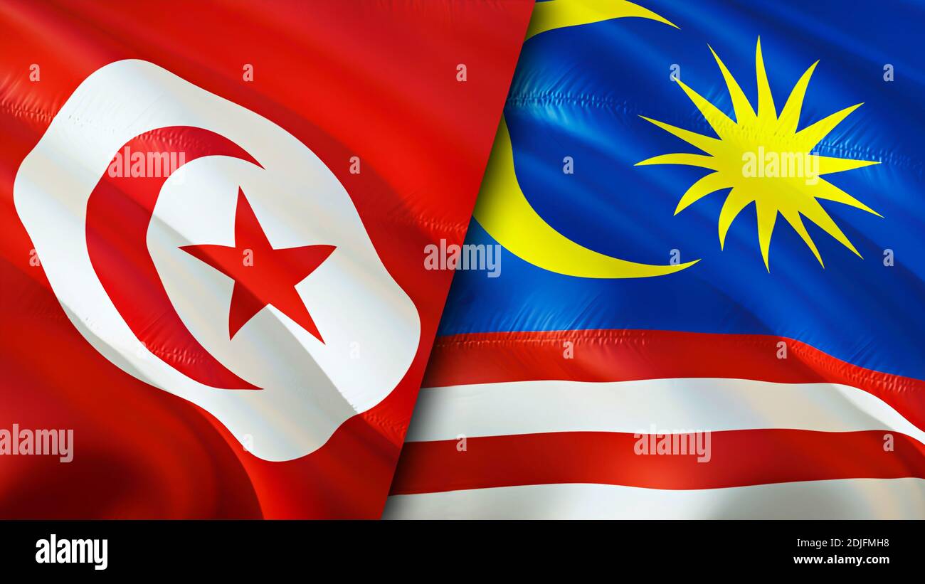 Tunesien und Malaysia Flaggen. 3DDesign mit wehenden Fahnen. Tunesien