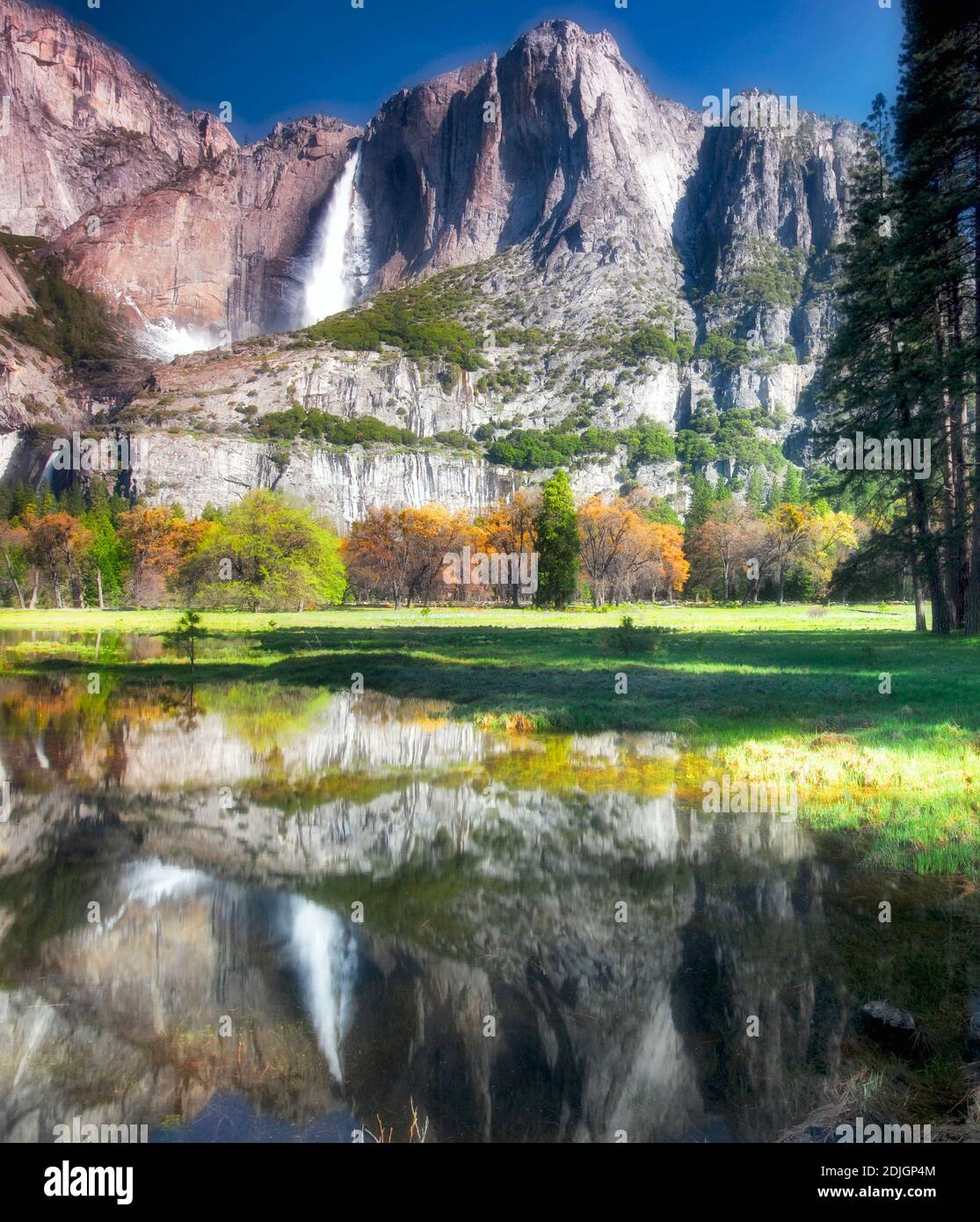 Yosemite Falls spiegeln sich im Wasserbecken. Yosemite National Park, Kalifornien Stockfoto
