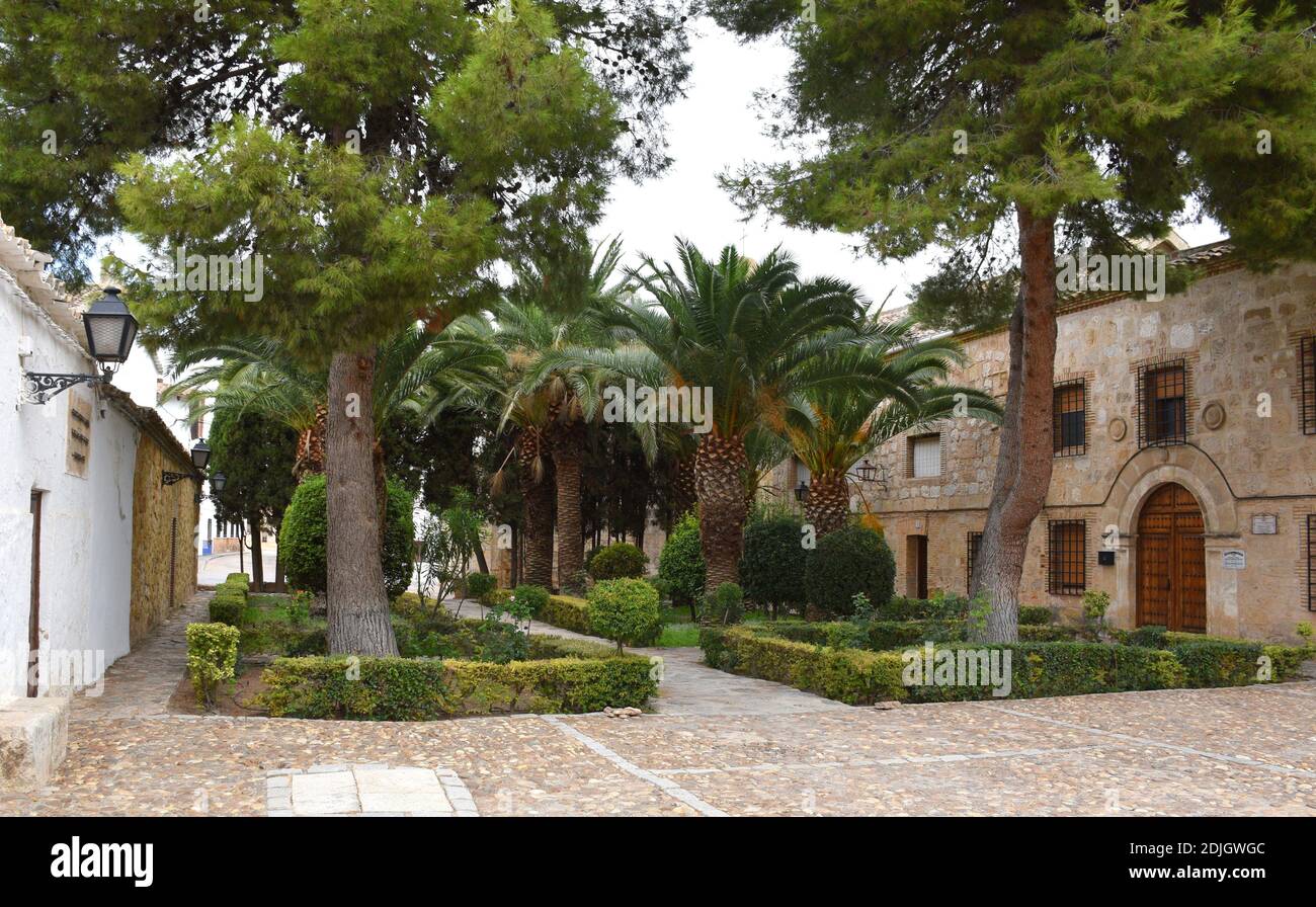 Juan Carlos I Park mit Kiefern und Palmen, rechts das Kloster der Klara-Nonnen. Stockfoto