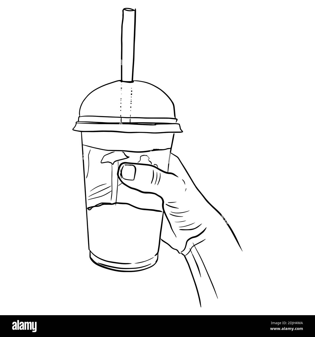 Skizzieren Sie die Skizze des Handgriffgetränks in einem Plastikglas Mit einem Strohhalm Stock Vektor
