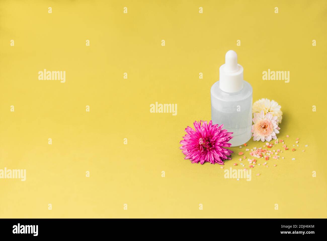 Beauty-Produkt-Paket auf gelbem Hintergrund, rosa Blumen und Meersalz bestreut. Leere weiße Serumflasche mit Pipette und ohne Branding. Text platzieren Stockfoto