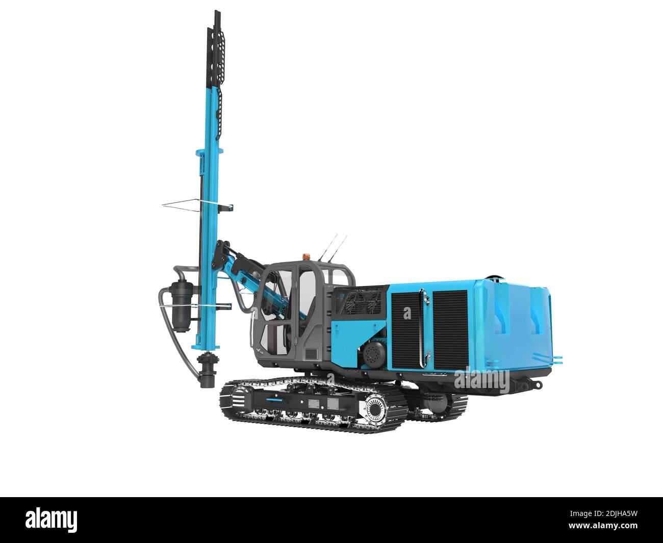 Große Baumaschinen Crawler montiert Drehbohrgerät blau 3D Rendering auf weißem Hintergrund kein Schatten Stockfoto