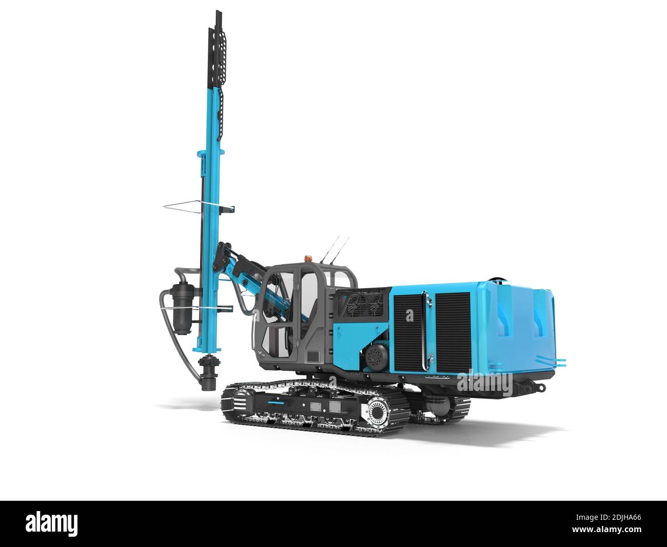 Große Baumaschinen Crawler montiert Drehbohrgerät blau 3D Rendering auf weißem Hintergrund mit Schatten Stockfoto