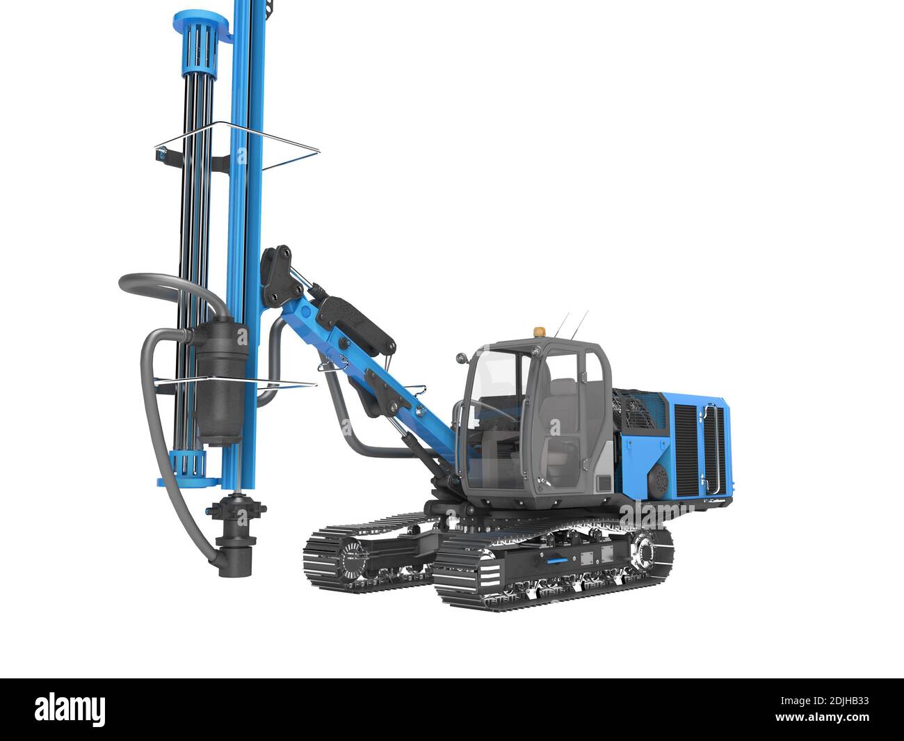 Große Baumaschinen Crawler montiert Drehbohrgerät Vorderansicht Blaues 3D-Rendering auf weißem Hintergrund ohne Schatten Stockfoto