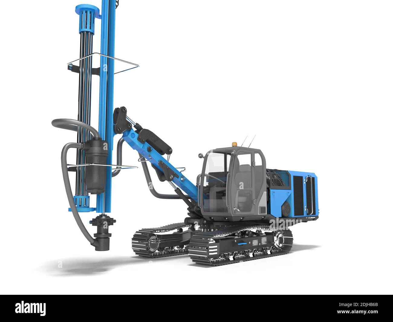 Große Baumaschinen Crawler montiert Drehbohrgerät Vorderansicht Blaues 3D-Rendering auf weißem Hintergrund mit Schatten Stockfoto
