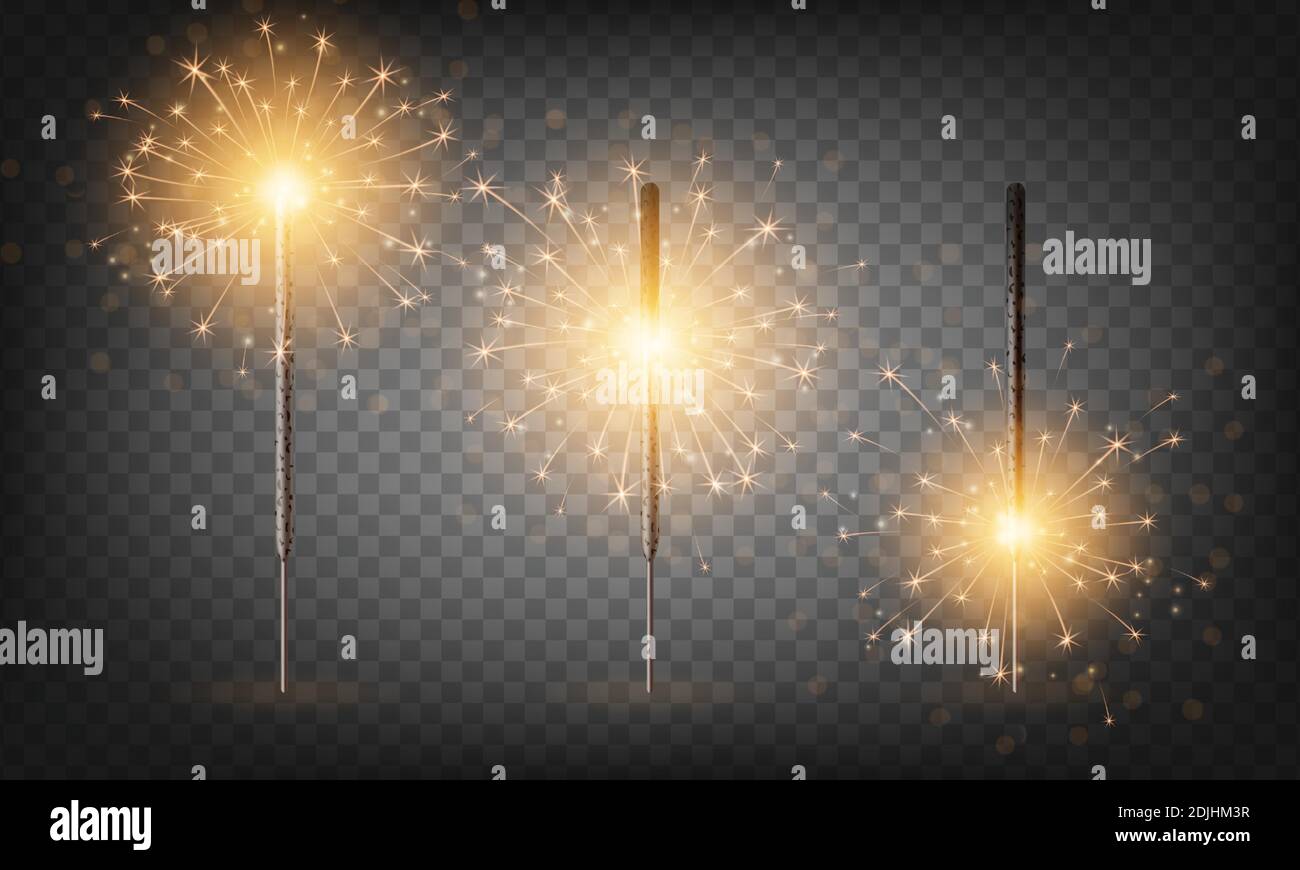 Weihnachten Neujahr bengalen Licht Set. Realistische goldene funkelnde Lichter isoliert auf transparentem Hintergrund. Festliches, helles Feuerwerk. Witzige Dekorationen Stock Vektor