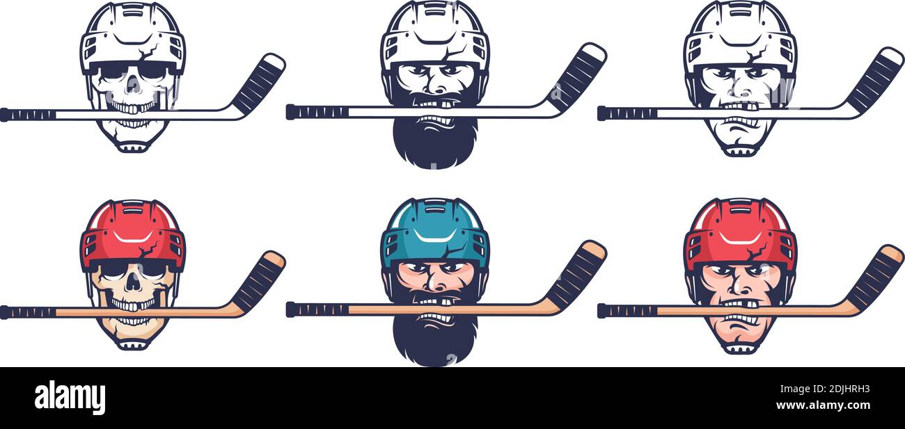 Hockeyspieler Kopf mit Stock. Totenkopf im Hockeyhelm mit Stock. Stock Vektor