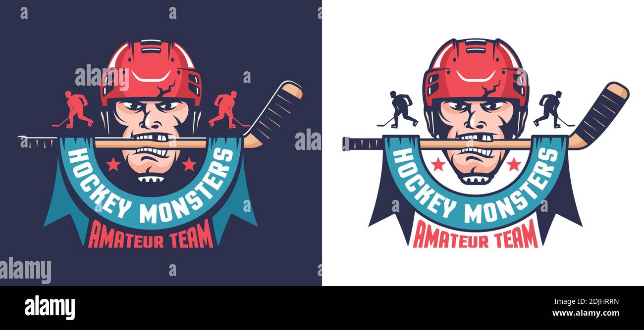 Hockey Vintage-Logo mit Spieler, Stick und Band. Maskottchen der Eishockey-Mannschaft. Stock Vektor