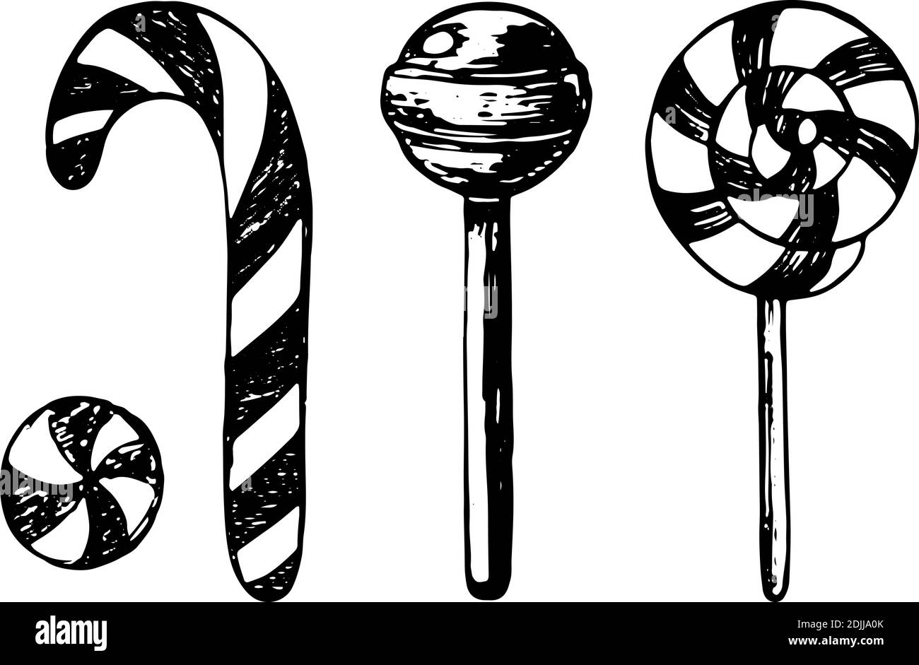 Candy Sketch Kollektion. Handgezeichnete Elemente für Strichkunst. Schwarze und weiße Bonbons. Karamell, Lollipop, runde Tropfen. Vektorgrafik. Stock Vektor