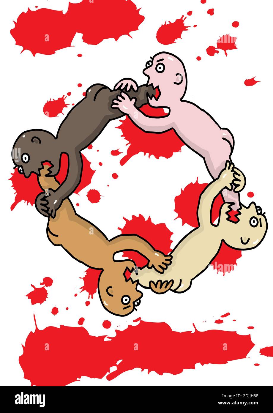 Illustration, eine Gruppe von Menschen mit verschiedenen Hautfarben angreifen einander. Stockfoto