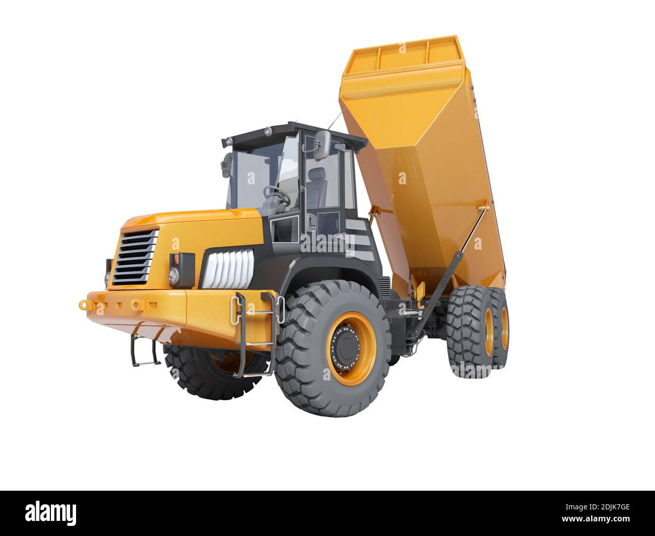 Muldenkipper mit Trailer Entladung 3d-Rendering auf weißem Hintergrund Kein Schatten Stockfoto