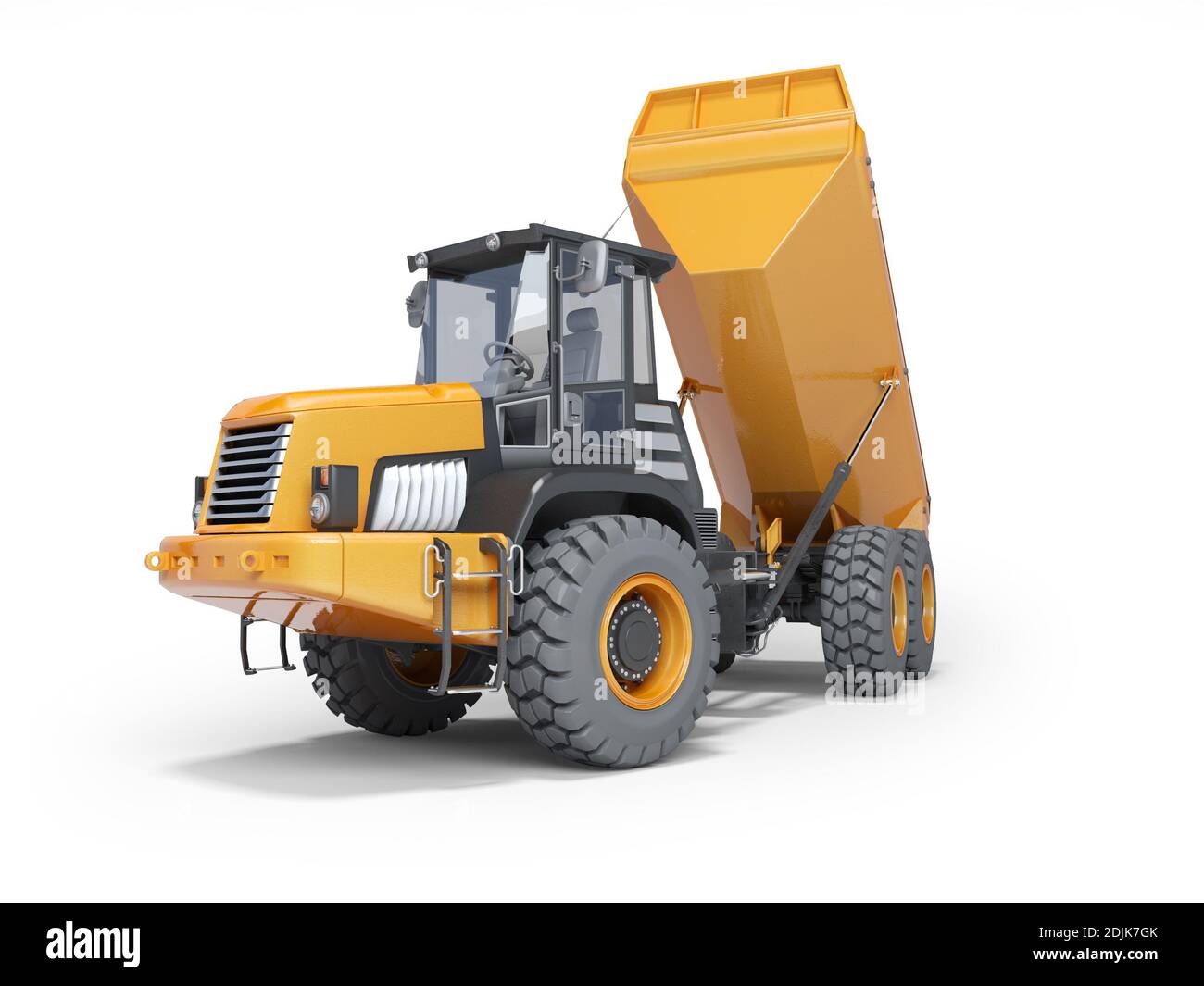 Muldenkipper mit Trailer Entladung 3d-Rendering auf weißem Hintergrund Mit Schatten Stockfoto