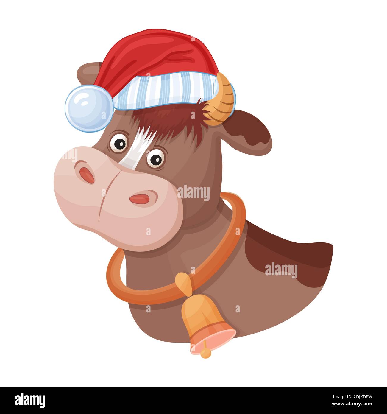 Comic-Stier in Santa roten Hut. Tiermaskottchen Chinesisches Neujahr. Frohe Weihnachten Cartoon Ochse Charakter. Tierkreis. Kopf Kalb Kuh für Grußkarte. Vektor Stock Vektor