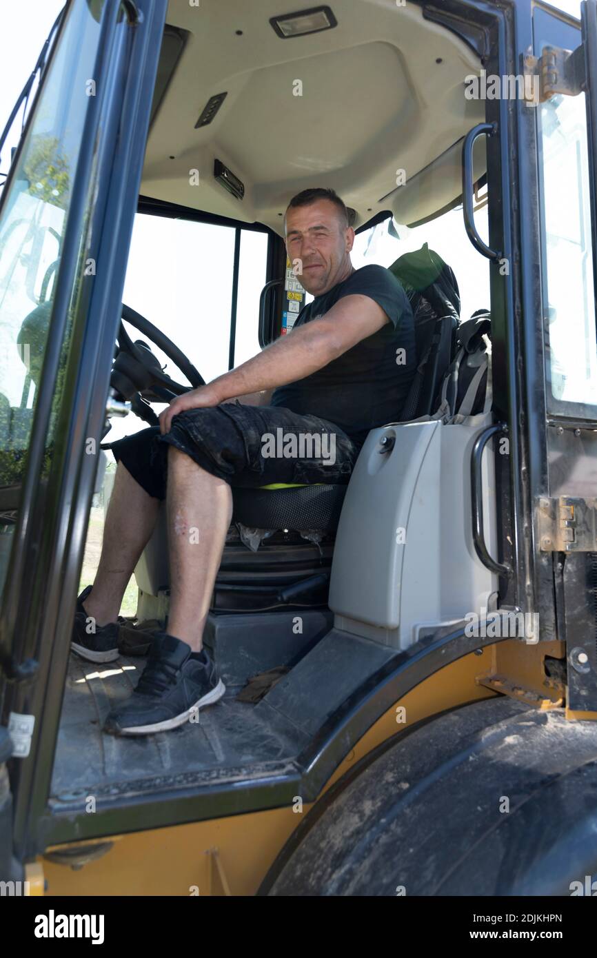 Mann auf Traktor, Pfalz, Deutschland Stockfoto