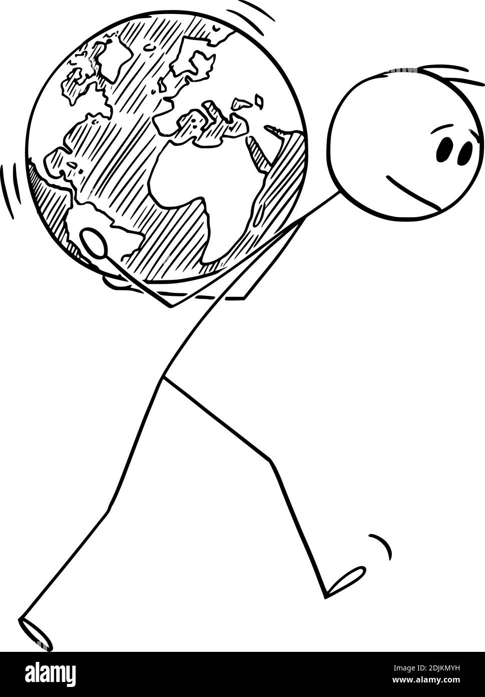 Vektor Cartoon Stick Figur Abbildung des Menschen trägt Planeten Erde Globus auf seinem Rücken. Konzept der menschlichen Umweltverantwortung, Ökologie und Umweltschutz. Stock Vektor