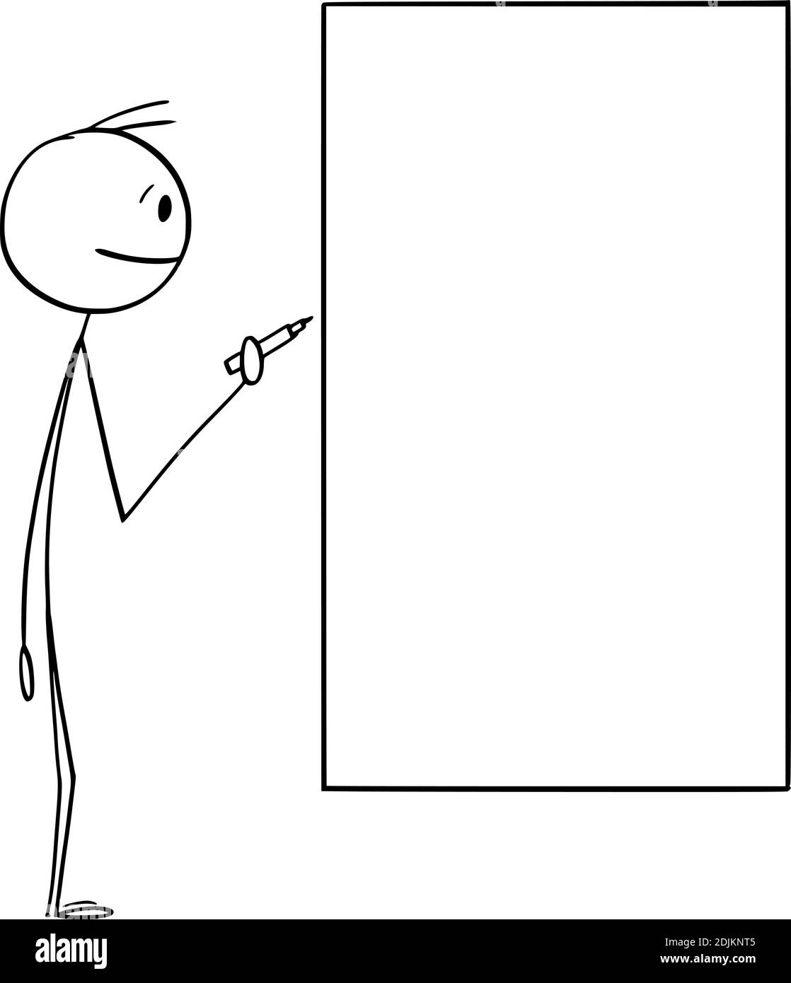 Vektor Cartoon Stick Figur Illustration von Mann oder Geschäftsmann halten Marker bereit, auf leeren weißen Brett zu schreiben. Platz kopieren, um Text hinzuzufügen. Stock Vektor