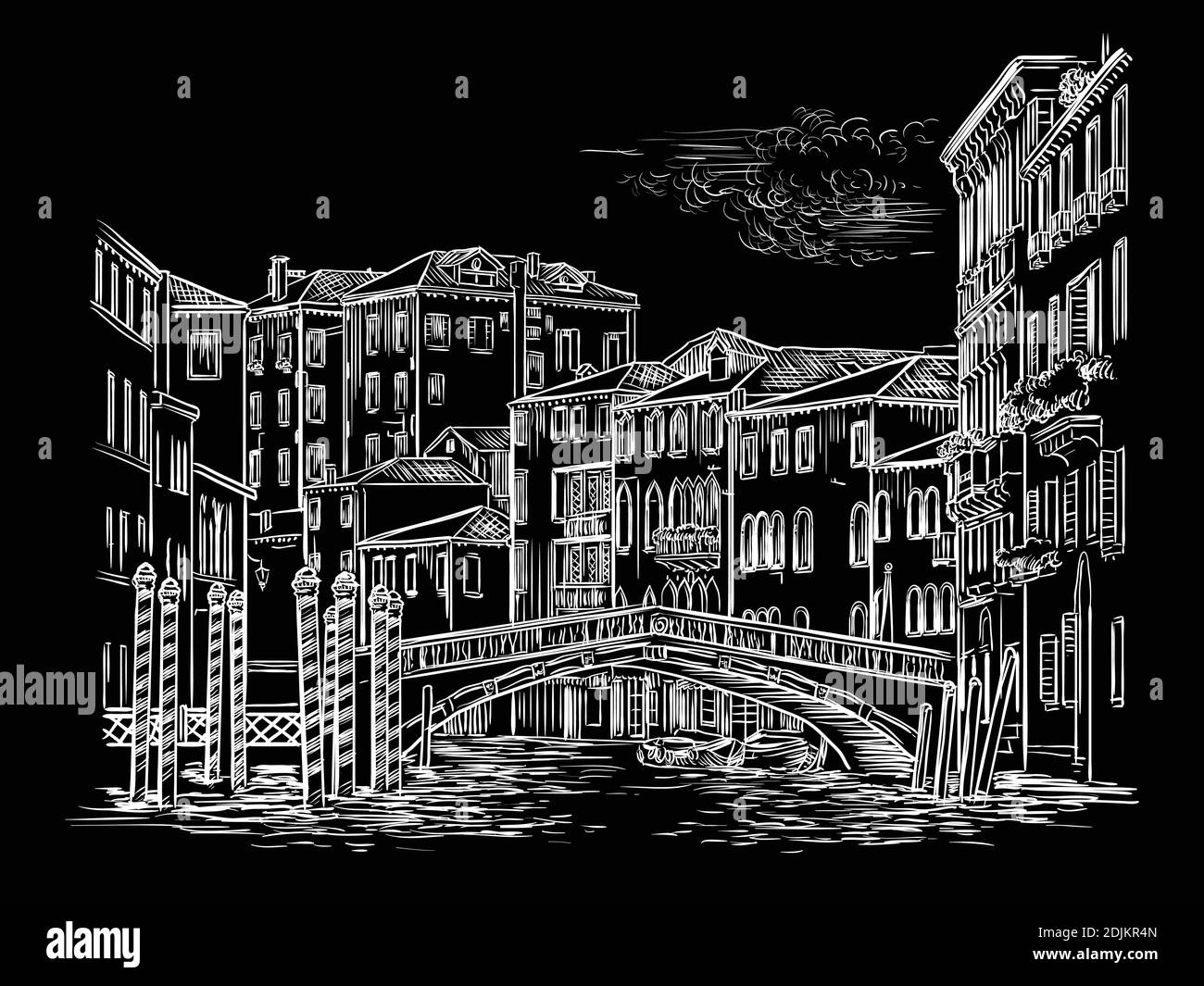 Vektor-Handzeichnung Illustration der Brücke auf dem Kanal in Venedig. Venedig horizontale Stadtbild handgezeichnete Skizze in weißer Farbe isoliert auf schwarzem Hintergrund Stock Vektor
