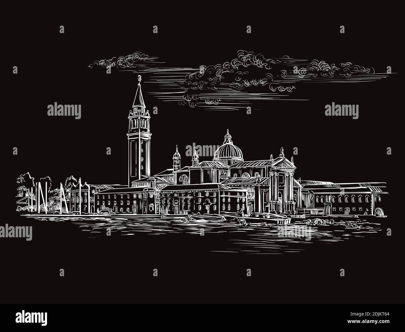 Vektor-Handzeichnung Skizze Illustration des Canale Grande in Venedig. Skyline von Venedig handgezeichnete Skizze in weißer Farbe isoliert auf schwarzem Hintergrund. Reisen Stock Vektor