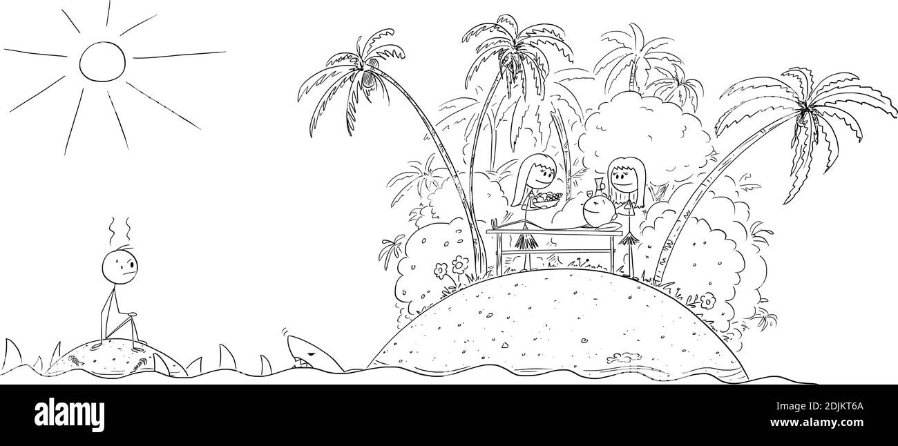 Vektor-Cartoon-Stick Abbildung Abbildung frustriert Mann allein auf einer kleinen einsamen Insel sitzen, umgeben von Haien beobachten Traum tropische Insel von jemand anderem oder Wettbewerber. Stock Vektor