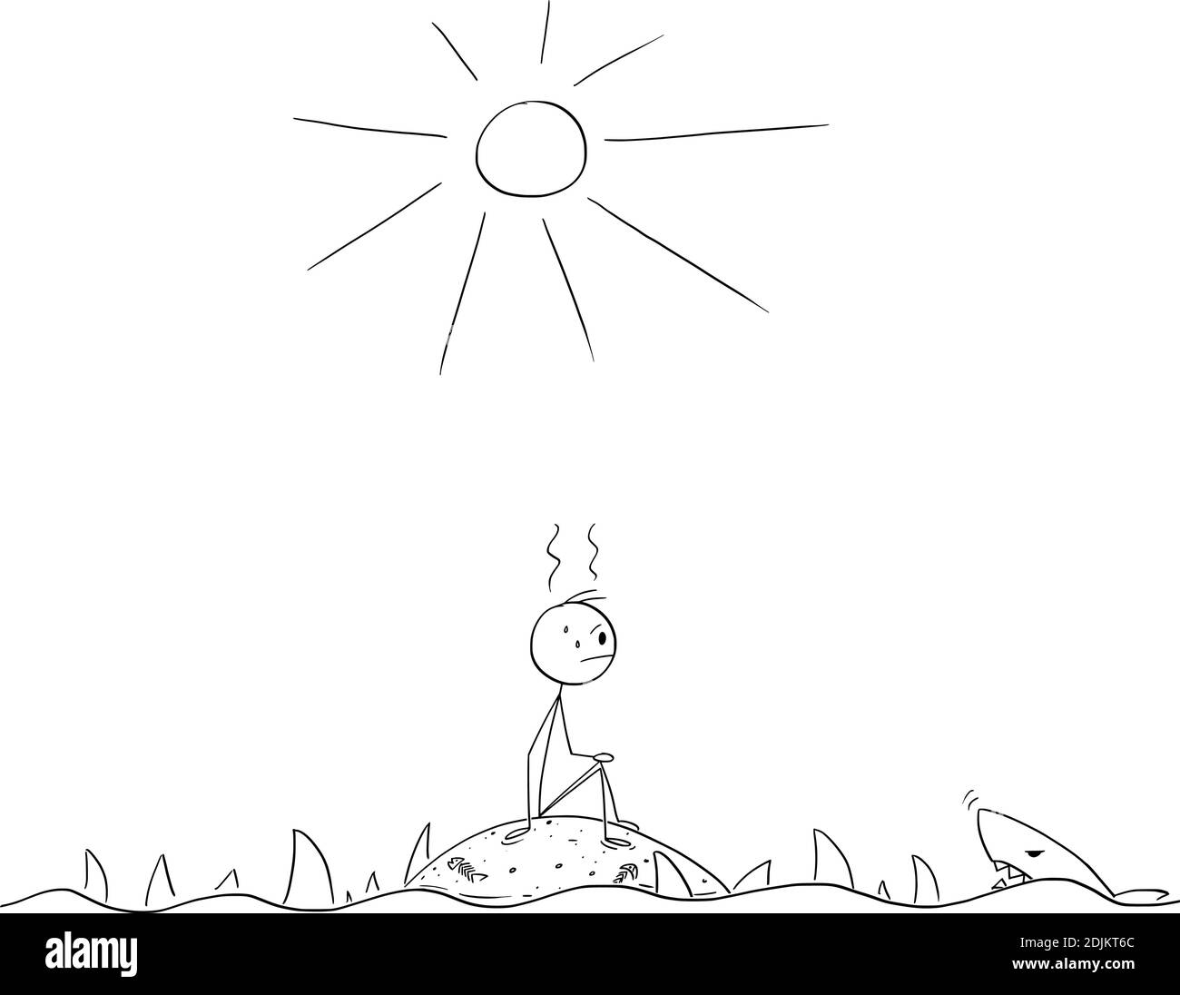 Vektor-Cartoon-Stick Figur Abbildung frustriert Mann allein auf kleinen leeren einsamen Insel von Haien umgeben sitzen. Stock Vektor