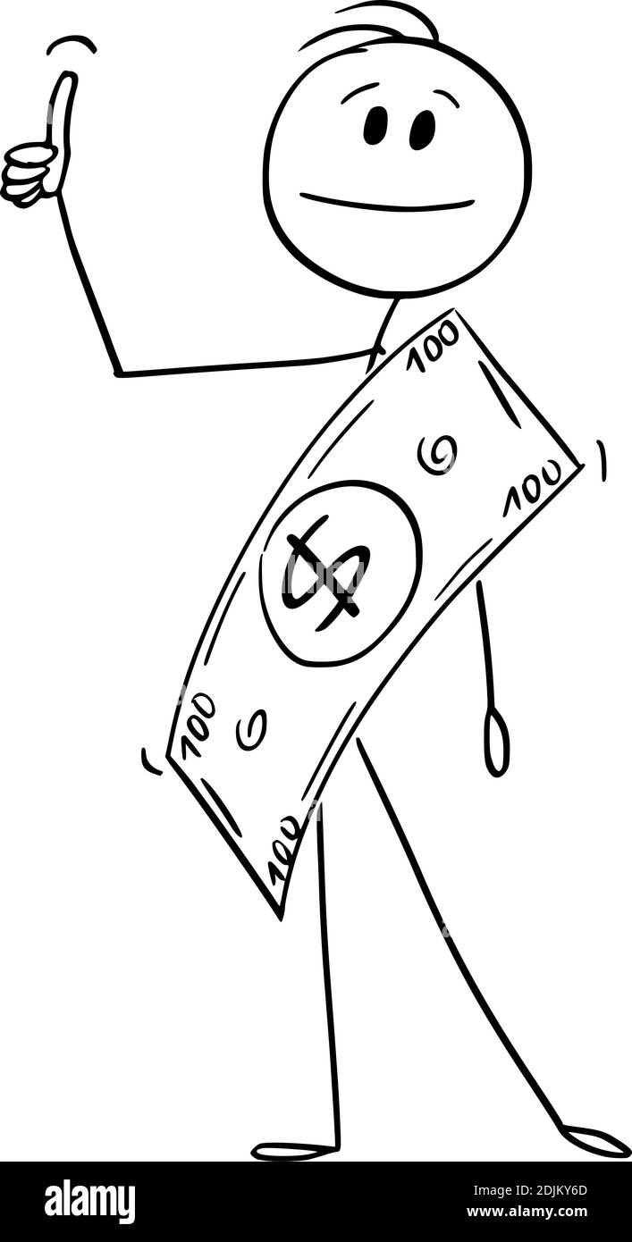 Vektor Cartoon Stick Figur Illustration von Mann oder Geschäftsmann in Dollar Banknote als Kleidung gekleidet. Konzept von Reichtum oder Erfolg. Stock Vektor