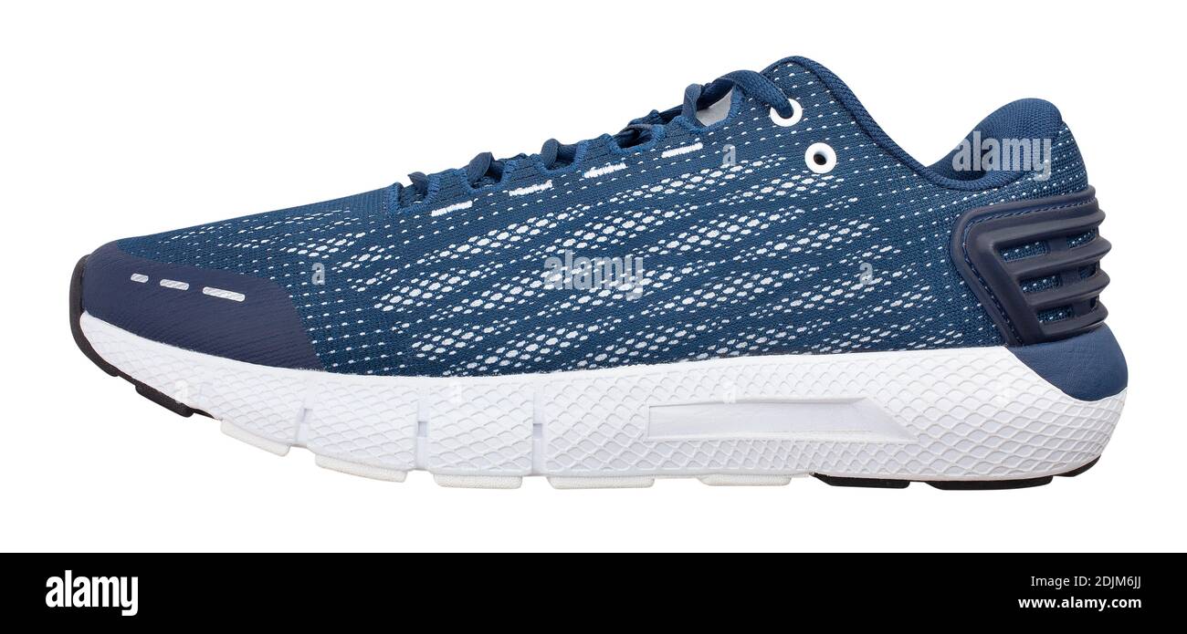Blauer Sneakers Pfad isoliert auf weiß Stockfoto