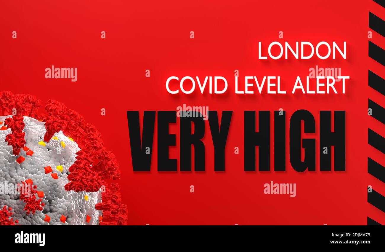 LOKALE COVID-LEVEL-WARNUNG IN LONDON SEHR HOHES POSTER. 3D-Renderdarstellung. Stockfoto