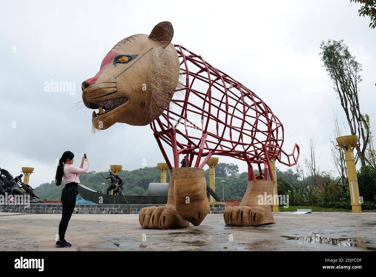 Exklusiv. Eine in Chishui lebende Frau interagiert mit einem riesigen Tiger. Das Woo von Chishui ist ein Kunstprojekt, das der Künstler Gad weil in Zusammenarbeit mit dem Tourismusbüro der Stadt entwickelt hat, um den Tourismus in der Region zu fördern. Die rote Farbe des Stahls stellt den roten Fluss dar, der durch Chishui fließt, und der grüne Stahl symbolisiert den Baum Fern (Cibotium Barometz) und den Bambus, der in der Gegend sehr präsent ist. Köpfe und Füße der fünf Riesentiere (Kranichvogel, Tiger und noch nicht gebaut: Ein Affe, ein Delphin und ein Dinosaurier) sind aus Bambus gefertigt. Die umweltfreundliche Veranstaltung soll die Menschen einladen Stockfoto