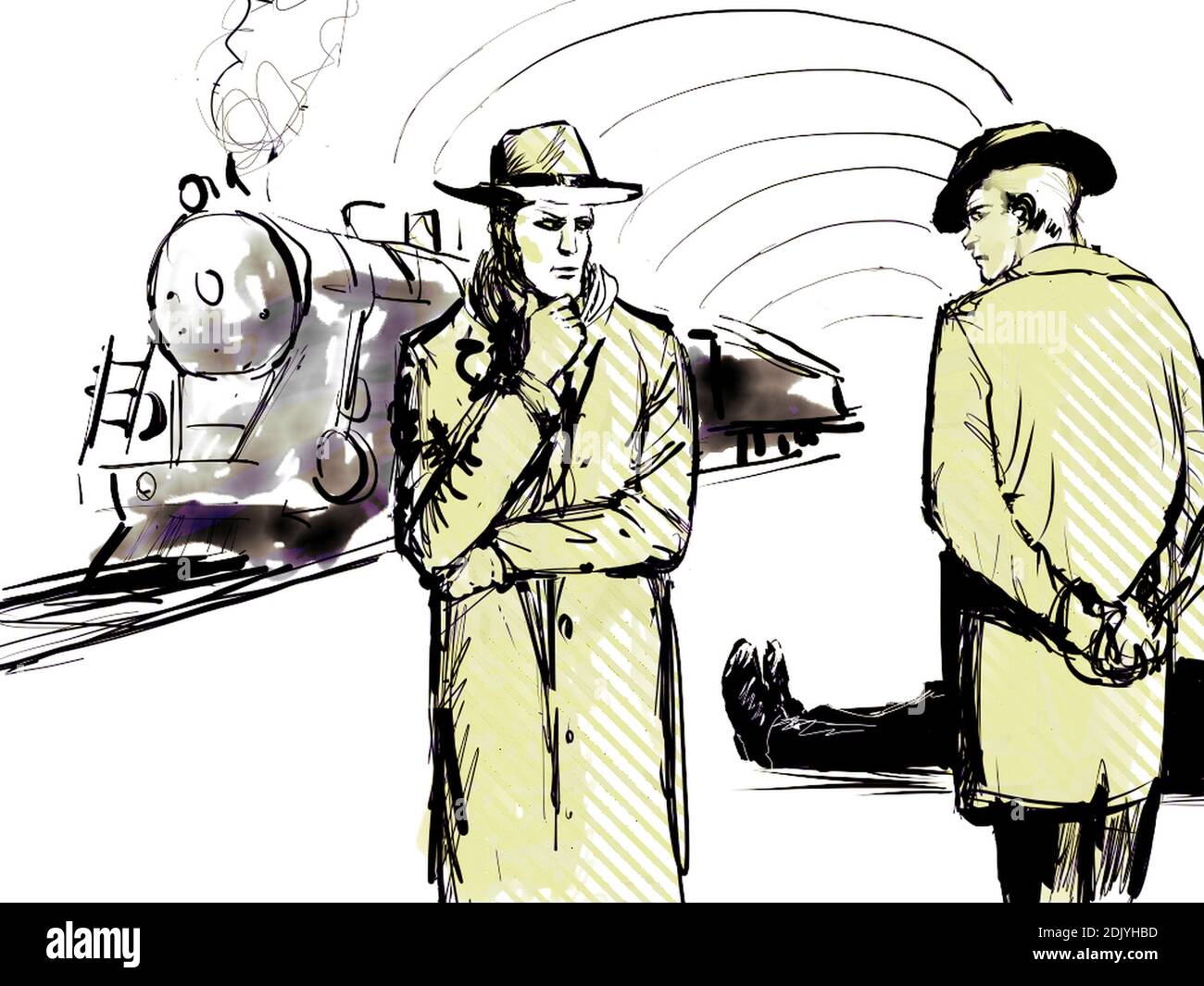 Film Noir Stil Comic-Illustration mit zwei Detektive stehen über einem toten Körper. Stockfoto