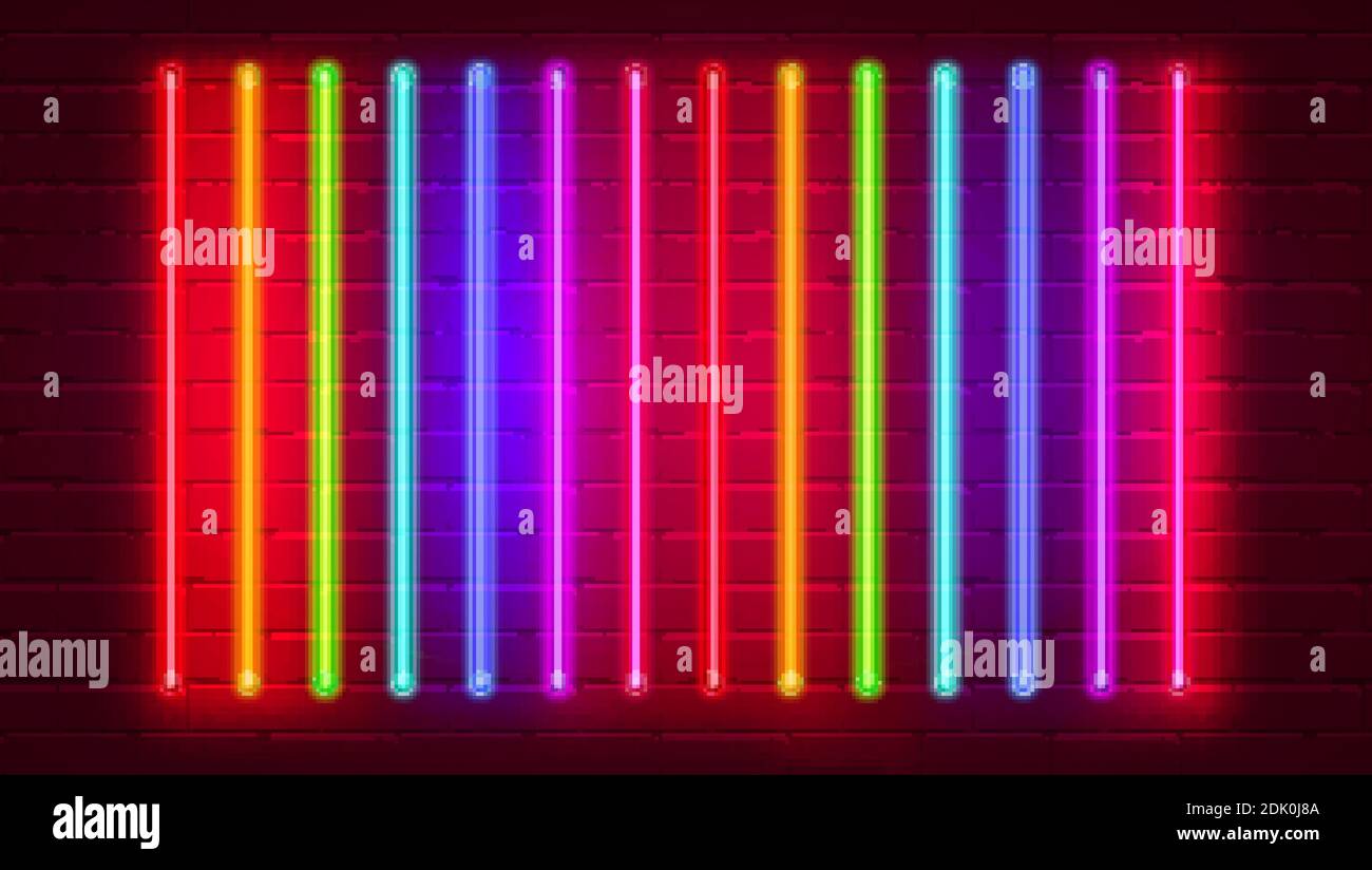 Set von vertikal glühenden Neonröhre. Neonlicht an der Ziegelwand. Vektorvorlage, 3d-Illustration Stock Vektor