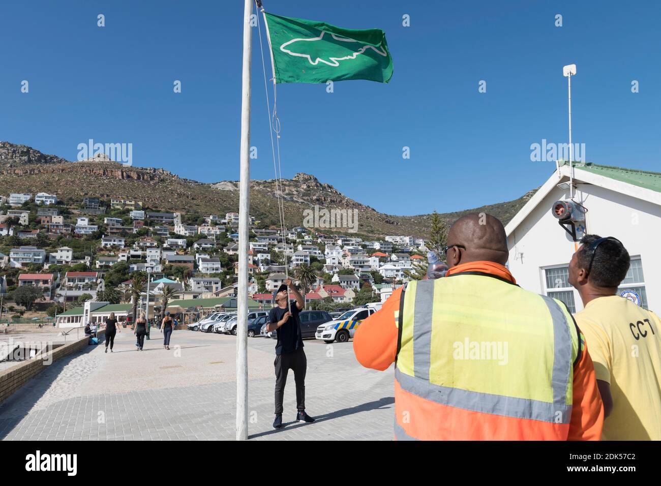 Hai Spotter Mitarbeiter hebt grüne Hai Warnflagge, Fish Hoek Beach, Kapstadt. Grüne Flagge = gute Speckbedingungen, keine Haie sichtbar. Stockfoto