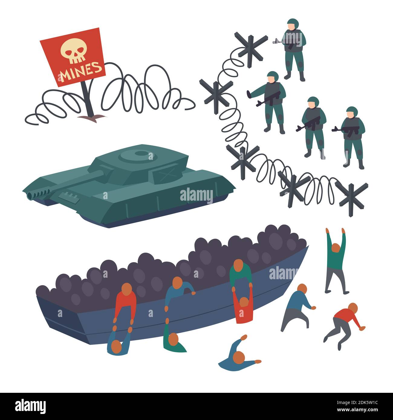 Konzept der Migration und der Sicherheit der Staatsgrenzen. Vektor Cartoon Clip Art von Flüchtlingen aus Syrien, Irak oder Afrika landet auf dem Boot. Soldaten mit Waffen, Stacheldraht, Tank und Minen Zone Stock Vektor
