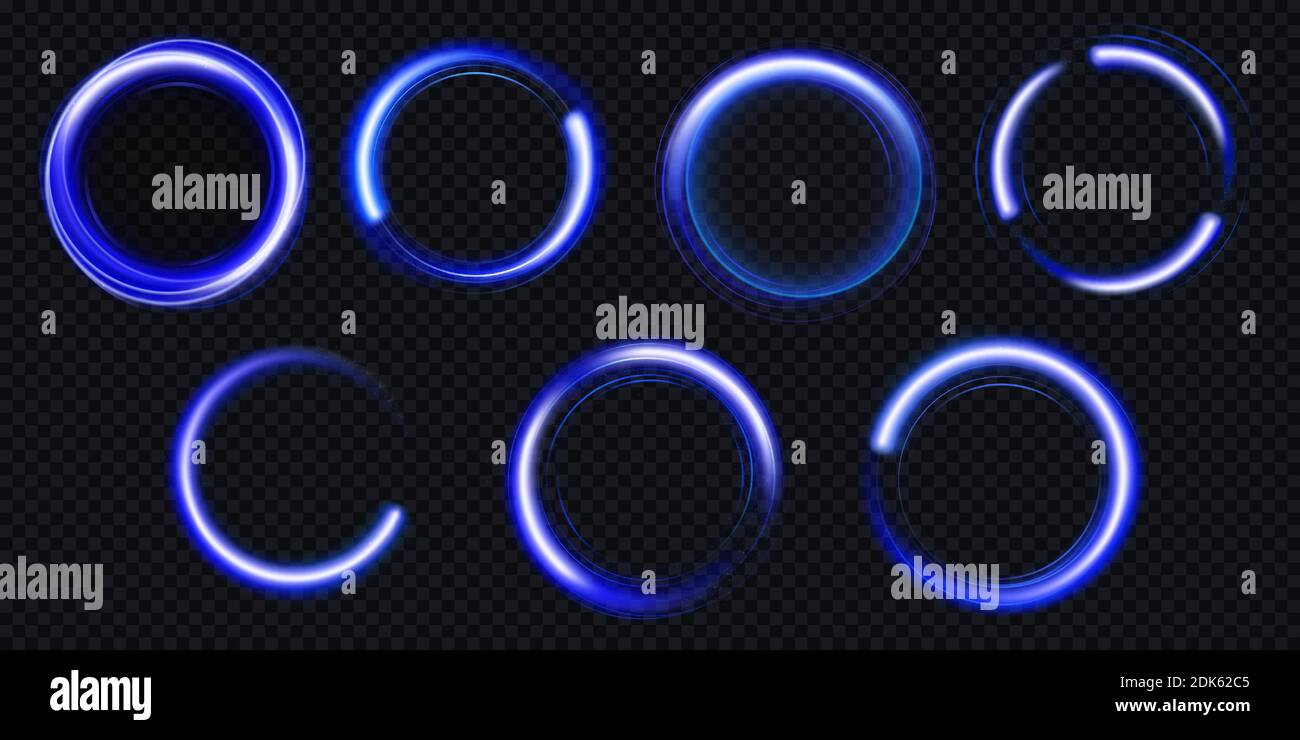 Glow Circles mit Funkeln, magischer Lichteffekt mit Glitzerstaub. Vektor realistische Satz von blauen glänzenden Ringen und Wirbel, runde Rahmen von Flare Spur isoliert auf transparentem Hintergrund Stock Vektor