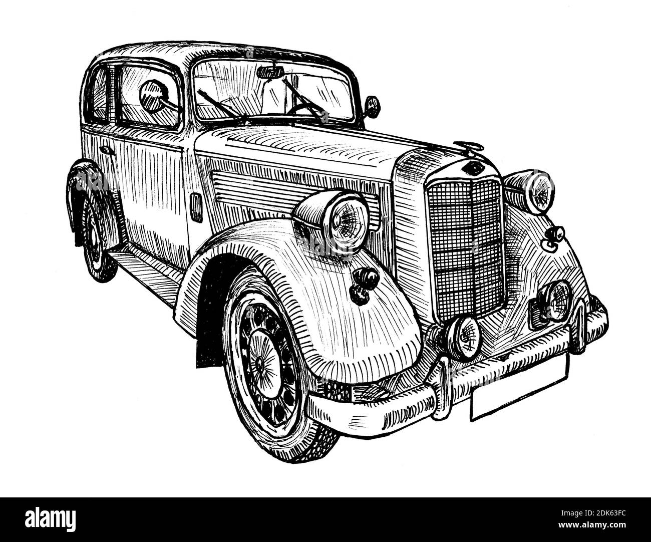 Handgezeichnetes Vintage Retro Auto, Doodle Skizze Grafiken monochrome Illustration auf weißem Hintergrund (Originale, keine Nachzeichnung) Stockfoto