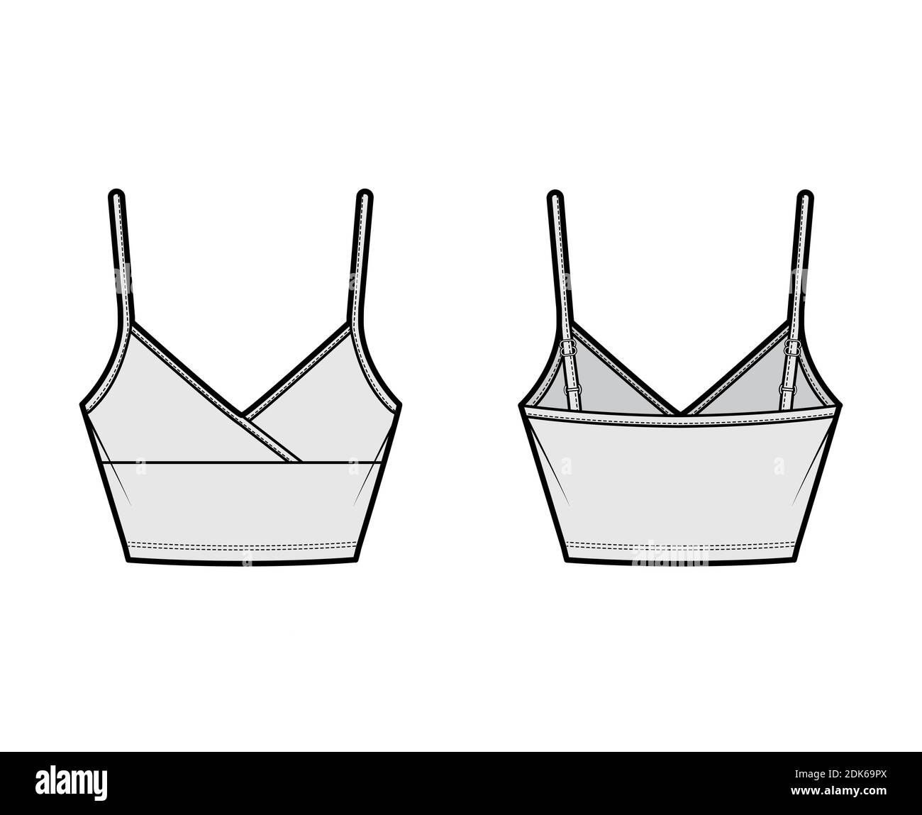 Crop Camisole Surplice Tank Baumwoll-Jersey Top technische Mode Illustration mit Empire-Naht, dünne verstellbare Träger, Slim Fit. Flach nach außen Schablone vorne, hinten, grau. Frauen Männer CAD Mockup Stock Vektor