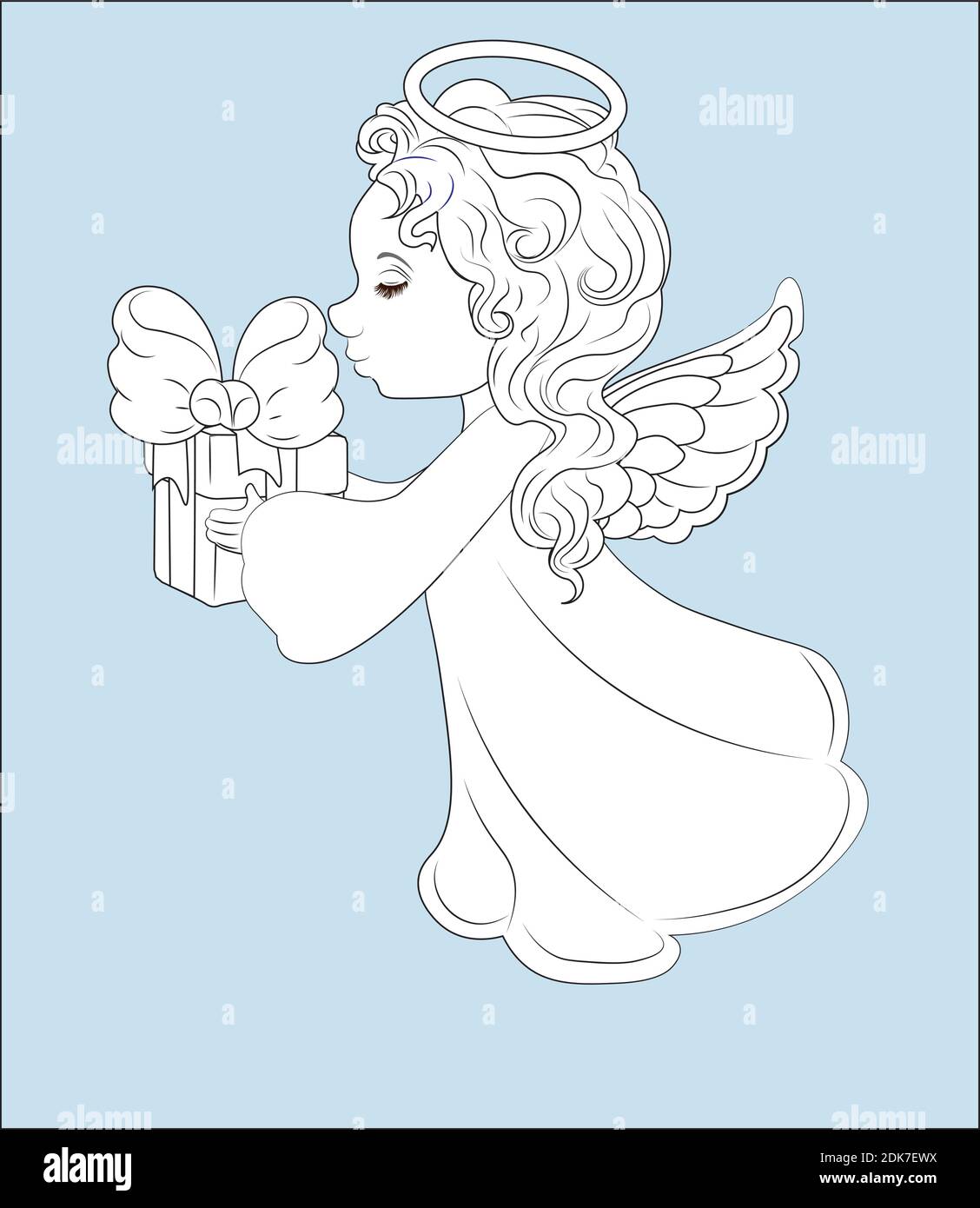 Malbuch Mädchen, Weihnachtsengel, in weißem Kleid mit Geschenk, Bild in der Hand Zeichnung Cartoon-Stil, für T-Shirt tragen Mode Print-Design, Gruß Stock Vektor