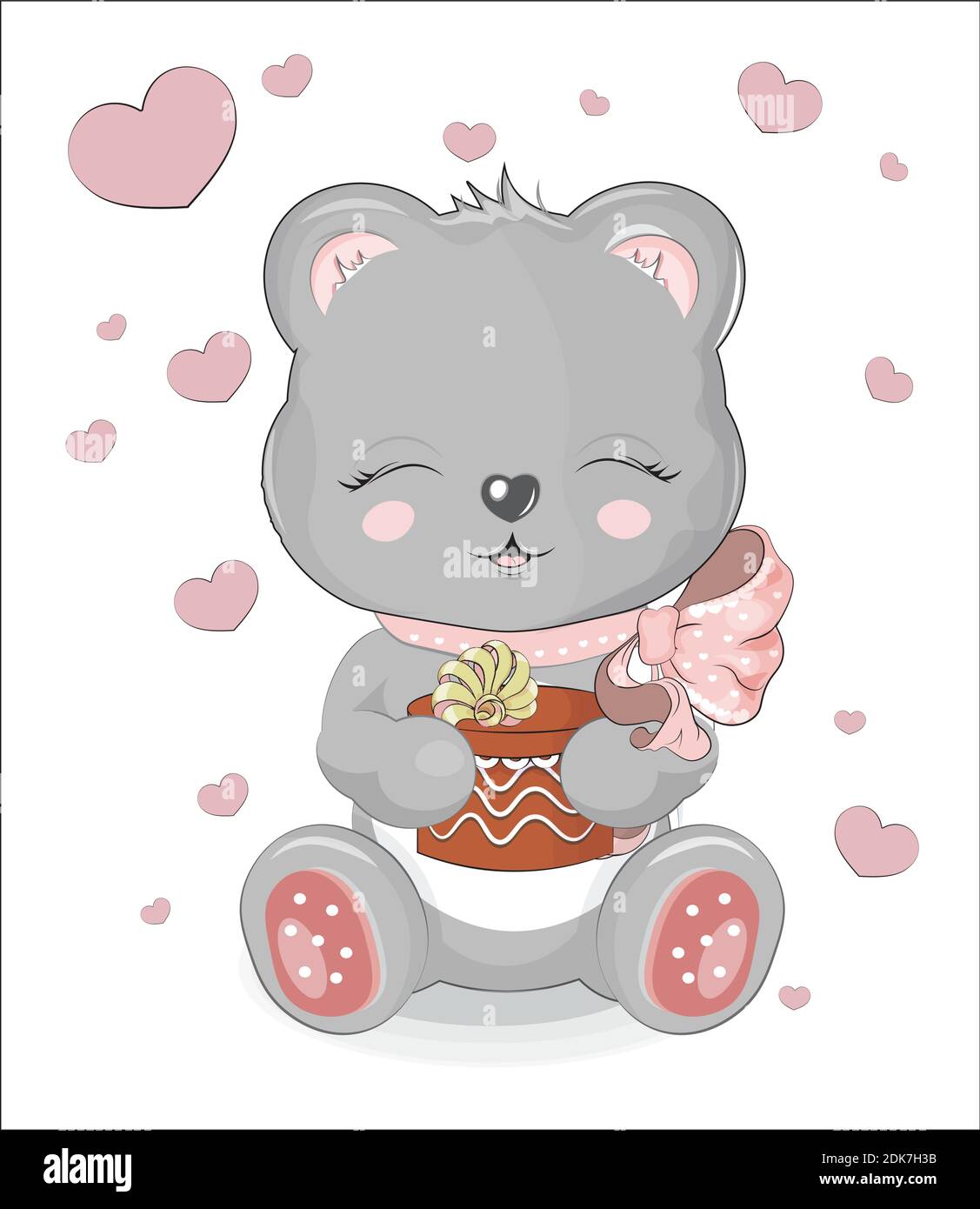 Schöne niedliche Teddybär, iof Herzen mit Geschenk auf weißem Hintergrund, Bild in der Hand Zeichnung Cartoon-Stil, für T-Shirt tragen Mode Print-Design, greetin Stock Vektor